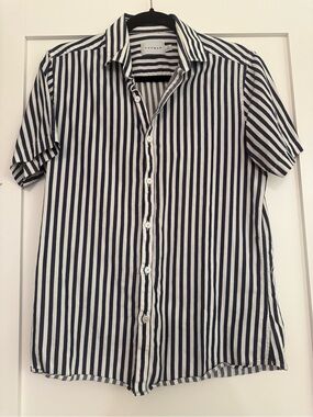 Topman Navy & White Vertical Stripe Short Sleeve Button-Down Shirt